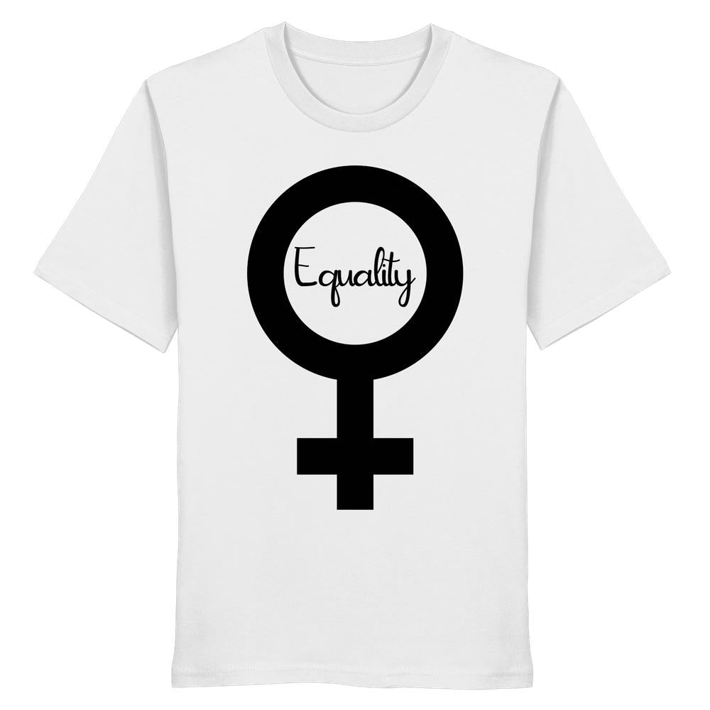 Unisex Bio-Shirt mit großem schwarzen Venussymbol und Equality im Kreis, symbolisiert Feminismus und Gleichberechtigung. Hergestellt aus 100% Bio-Baumwolle.