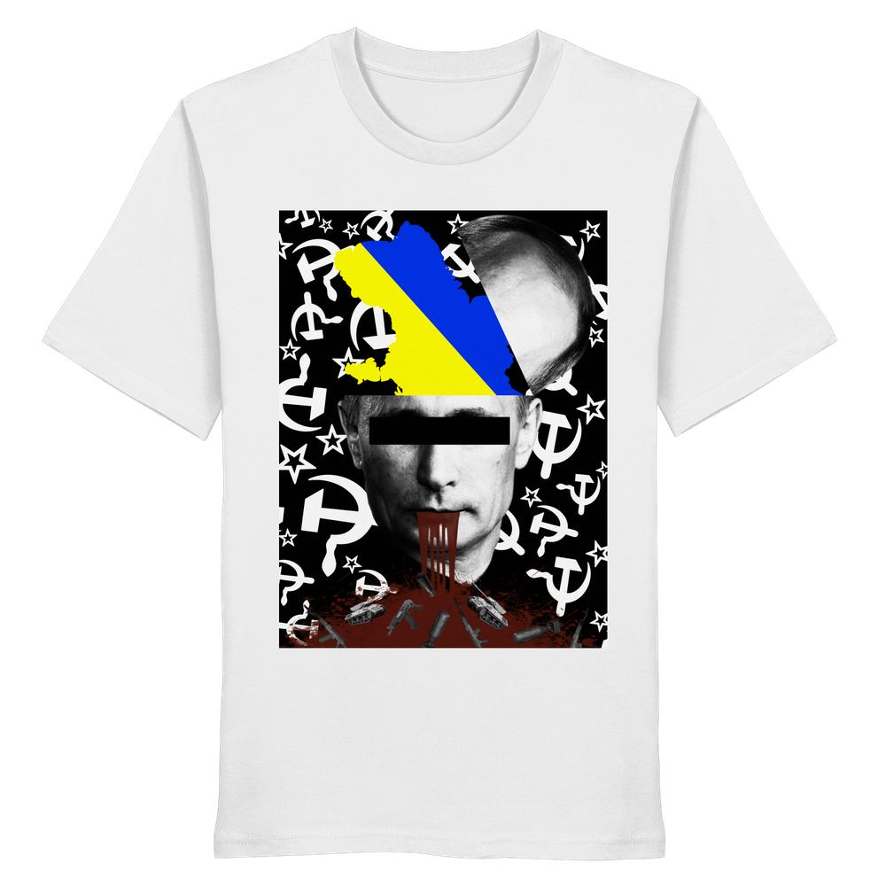 Vegan und Bio Unisex Shirt: STOP WAR IN UKRAINE! mit Putin-Portrait, Ukraine-Silhouette und Kriegsbildern, aus 100 % Bio-Baumwolle, rebellisch-kriegsgegnerisches Design.