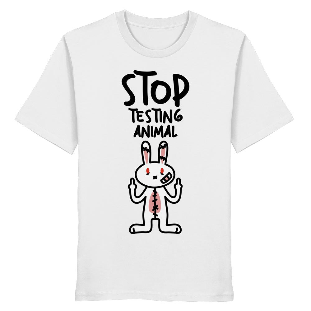 Vegan und Bio Shirt: Angry Rabbit - Animal Rights zeigt wütendes Cartoon-Häschen mit Mittelfingern und STOP TESTING ANIMAL-Slogan, aus 100 % Bio-Baumwolle.