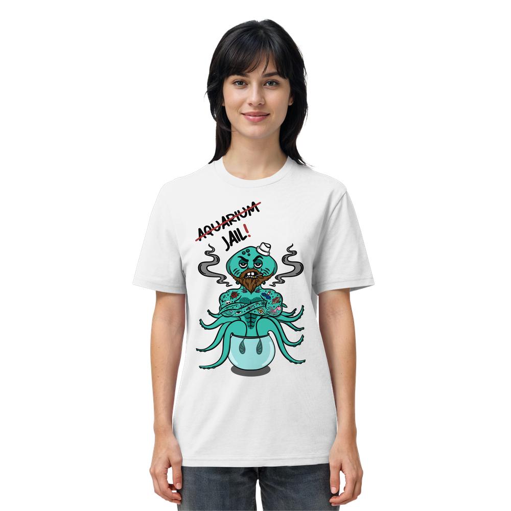 Vegan und Bio Unisex Shirt: Animal Rights - Aquarium=Jail! zeigt einen Cartoon-Oktopus mit Kapitänsmütze und Goatee hinter Gittern, symbolisiert Tierrechtsaktivismus.