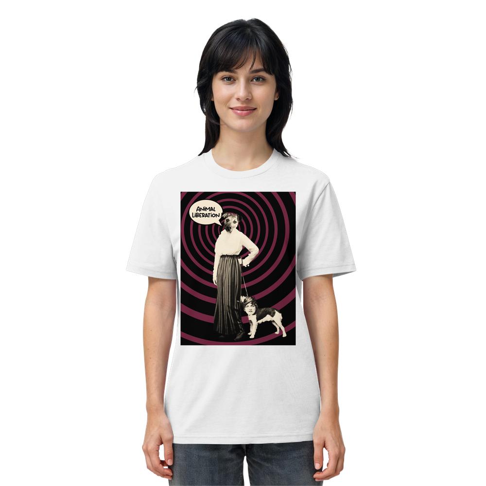 Vegan und Bio Unisex Shirt: Upside Down - Animal Liberation mit stilisierter Collage von Hundegesichtfigur und ANIMAL LIBERATION-Sprechblase, spiralförmigem Hintergrund; fördert Tiere als gleichwertige Lebewesen.