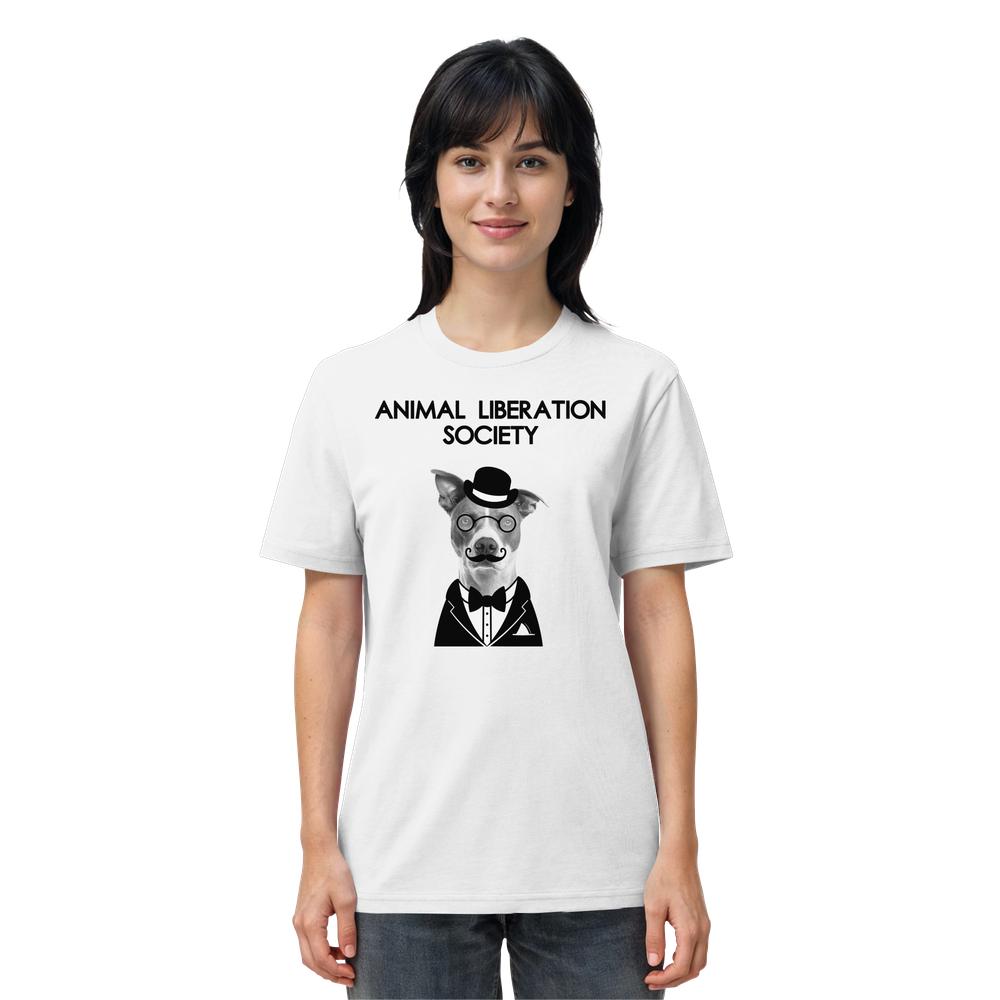 Vegan und Bio Unisex Shirt: Mr. Dog - Animal Liberation Society zeigt einen Hund im Anzug, der Tierrechte thematisiert. 100% Bio-Baumwolle, normale Passform.