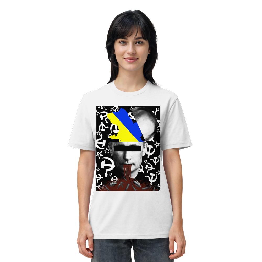 Vegan und Bio Unisex Shirt: STOP WAR IN UKRAINE! mit politischer Grafik, zeigt Porträt mit verdeckten Augen, ukrainische Farben, Hammer-und-Sichel-Hintergrund und blutähnlichen Tropfen, aus Bio-Baumwolle.