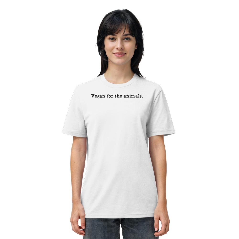 Person trägt das Vegan und Bio Unisex Shirt: Minimalism Design - Vegan for the animals mit Slogan, aus 100% Bio-Baumwolle und normaler Passform, von RUDE REBEL.