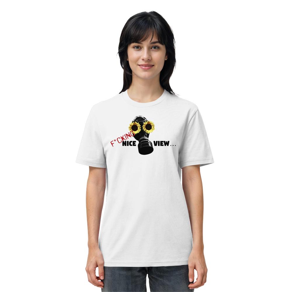 Vegan und Bio Unisex Shirt: Sunflower Mask - F*cking nice view... zeigt Gasmaske mit Sonnenblumen und Text. Hergestellt aus 100% Bio-Baumwolle, normale Passform.