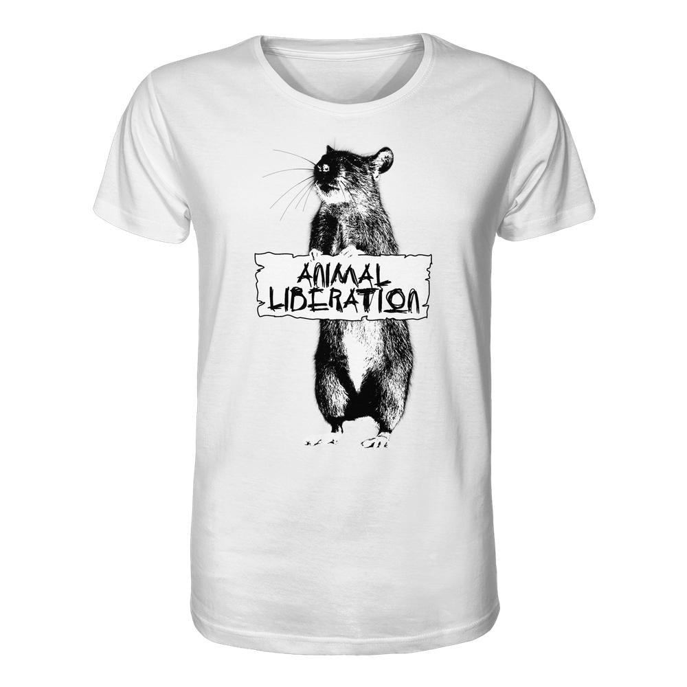 Vegan und Bio Unisex Shirt: Rat for Animal Liberation, weiß mit schwarzer Ratten-Illustration, die ein ANIMAL LIBERATION-Schild hält, inspiriert von Banksy's Street Art, aus Biobaumwolle.