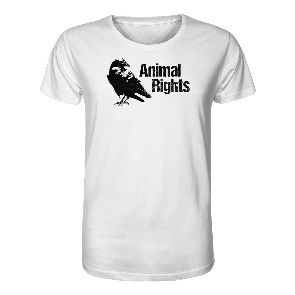 Vegan und Bio Unisex Shirt: Raven - Animal Rights zeigt einen schwarzen Raben und den Schriftzug Animal Rights auf einem weißen T-Shirt aus 100% Bio-Baumwolle.