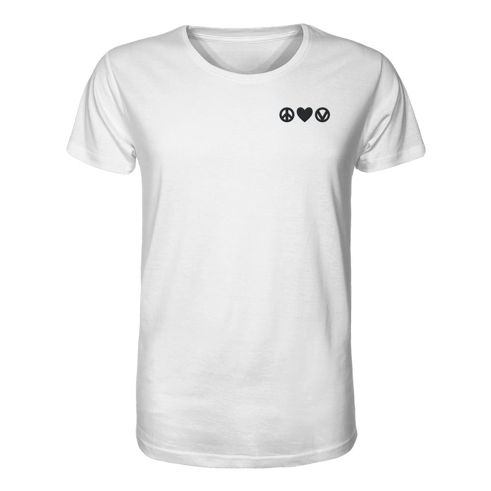 Vegan und Bio Unisex Shirt bestickt: Peace - Love - Veganism, weißes T-Shirt mit kleinem schwarzen Grafikdruck auf der Brust, aus 100 % Bio-Baumwolle, nachhaltiges Design von RUDE REBEL.