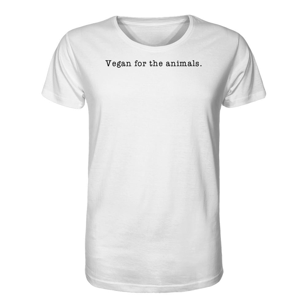 Unisex-Shirt aus Bio-Baumwolle mit der Aufschrift „Vegan for the animals.“ in Schreibmaschinen-Schrift. Nachhaltiges Design, normaler Schnitt, ideal für Tierrechte-Befürworter.