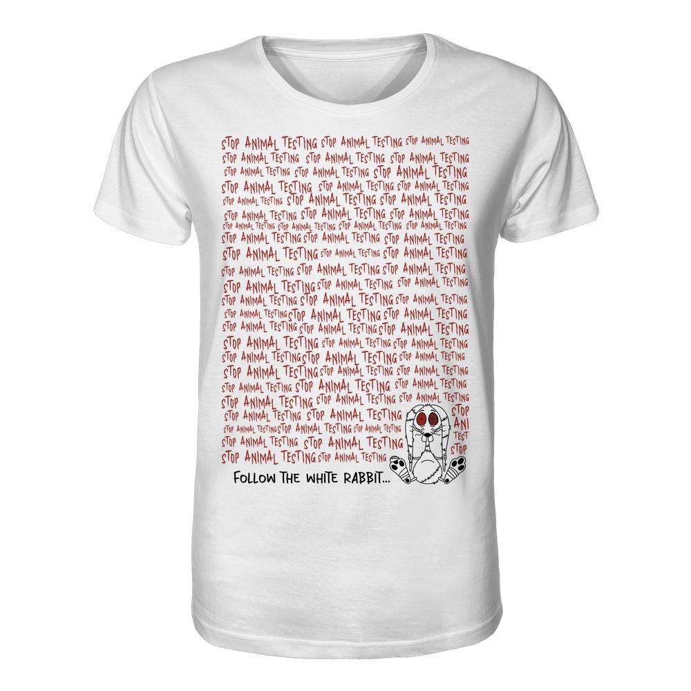 Vegan und Bio Unisex Shirt: Follow the white rabbit and stop animal testing! Zeigt roten Schriftzug „STOP ANIMAL TESTING“ und gezeichneten verzweifelten Hasen.