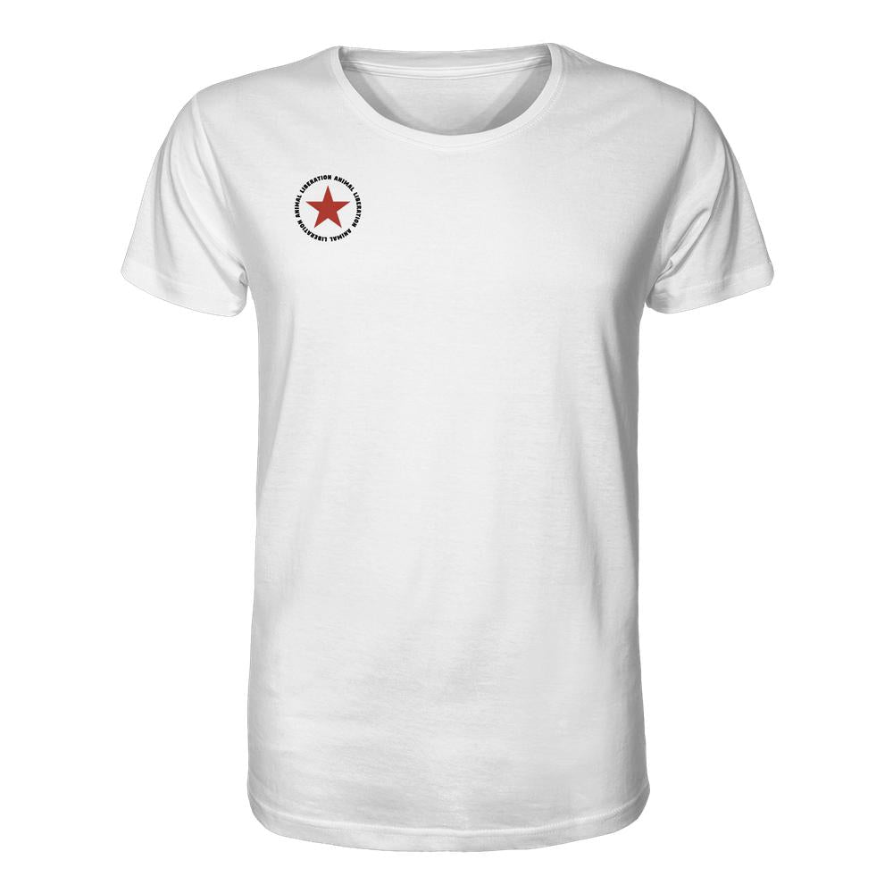 Frauen-T-Shirt Vegan und Bio Unisex Shirt: Red Star - Animal Liberation aus Bio-Baumwolle, mit rotem Stern und Schriftzug ANIMAL LIBERATION auf der Brust.