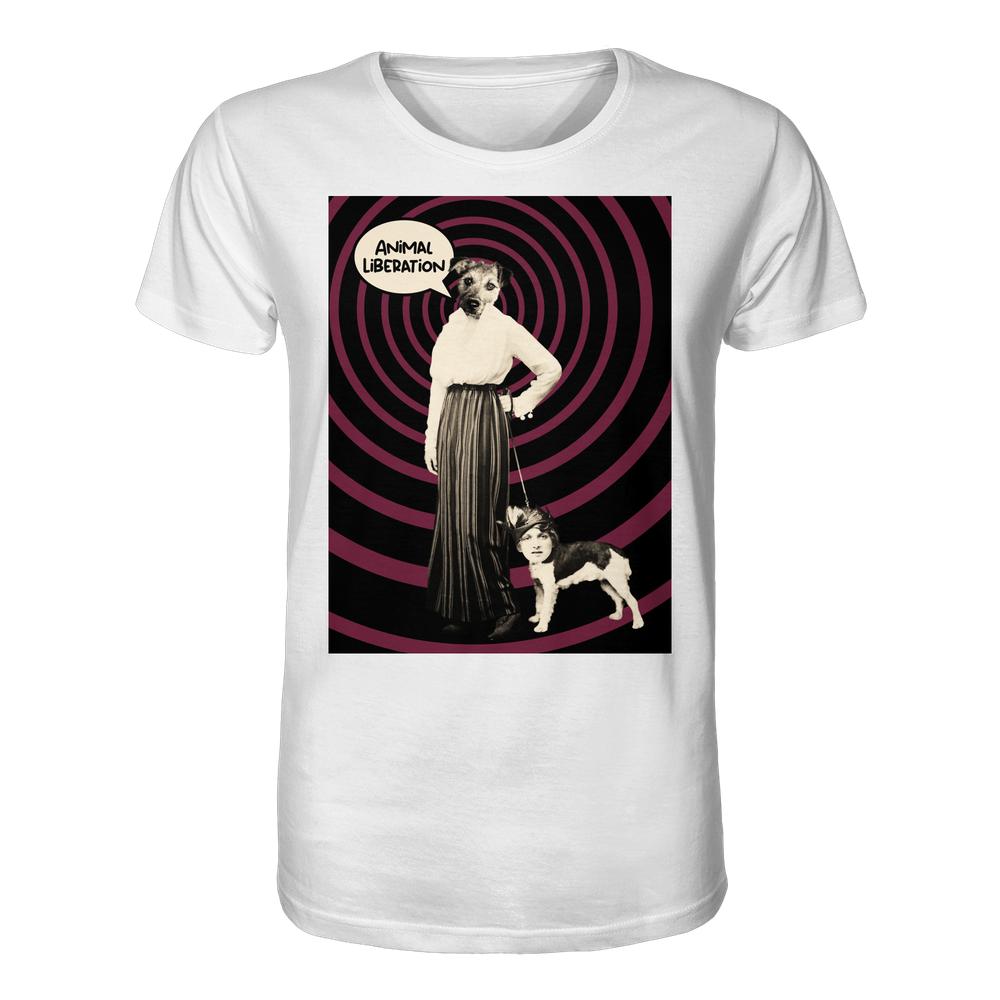 Veganes Unisex-Shirt Upside Down - Animal Liberation mit surrealer Collage: Frau mit Hundekopf hält Terrier mit Frauenkopf, spricht Animal Liberation. 100% Bio-Baumwolle, normale Passform.