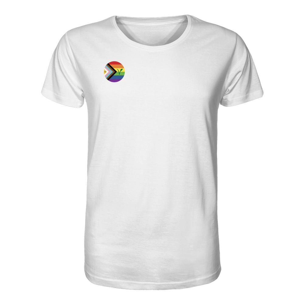 Vegan und Bio Unisex Shirt: LGBTQIA+ VEGAN, weiß, mit einem Progress-Pride-Abzeichen und kleinem Pflanzensymbol auf der Brust, aus 100% Bio-Baumwolle, klassische Passform.