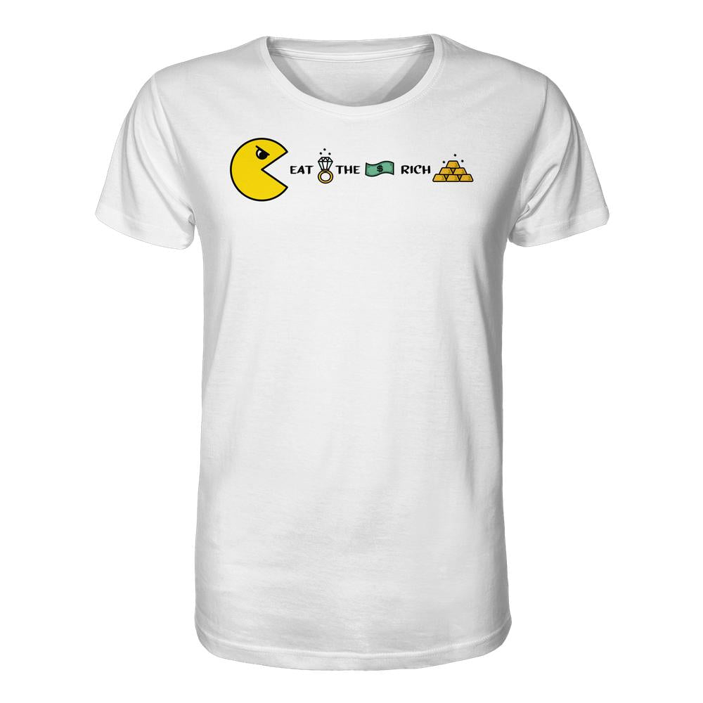 Vegan und Bio Unisex Shirt: PAC-MAN - Eat the rich, weiß, mit gelbem Pac-Man-Design und EAT THE RICH, aus 100% Bio-Baumwolle, normale Passform.