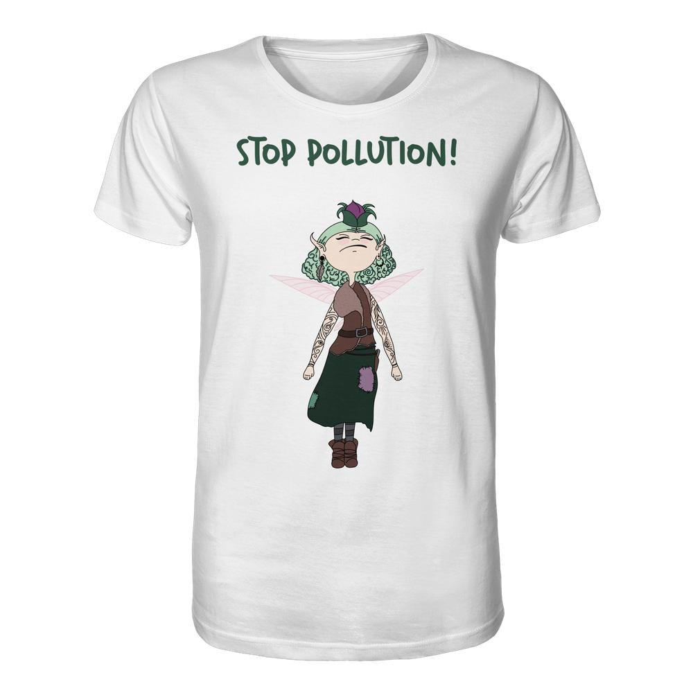 Vegan und Bio Unisex Shirt: STOP POLLUTION! - Krawall Fee. Cartoon-Fee mit grünen Haaren, Tattoos und Flügeln, trägt braune Kleidung. Text: STOP POLLUTION!