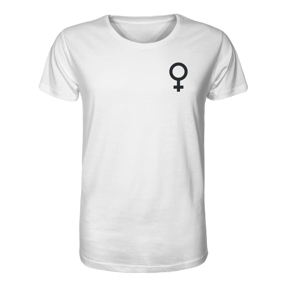 Unisex-Shirt aus Bio-Baumwolle mit gesticktem Venus-Symbol auf der Brust, symbolisiert den feministischen Kampf für Gleichberechtigung.