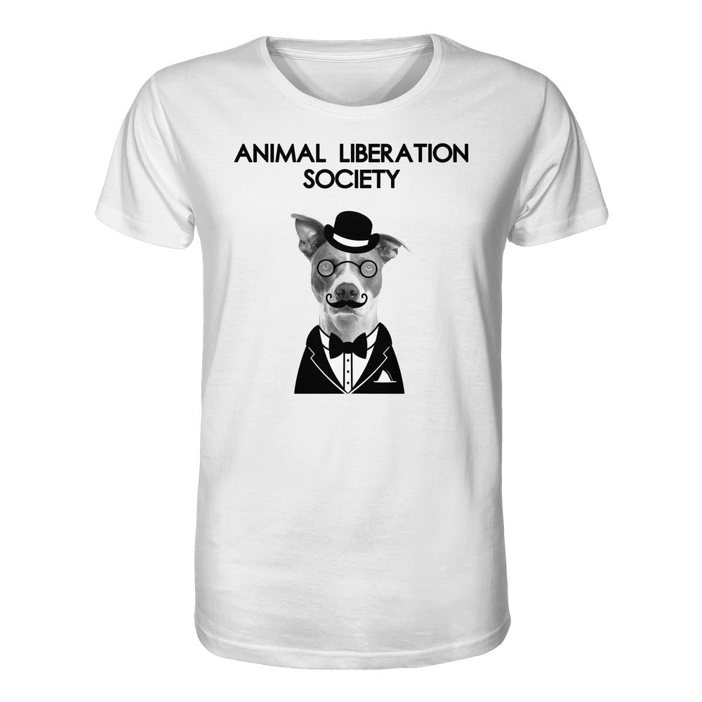 Vegan und Bio Unisex Shirt: Mr. Dog - Animal Liberation Society, zeigt einen eleganten Hund in Anzug und Monokel, inspiriert von Tierrechten. 100% Bio-Baumwolle.