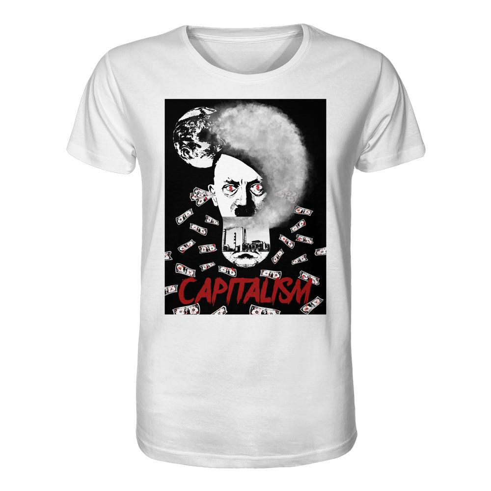 Weißes Bio-Shirt mit provokantem Anti-Kapitalismus-Design: Gesicht mit roten Augen, Fabrik-Schornsteinen, Banknoten und „CAPITALISM“-Schriftzug. Veganes Unisex-Shirt, nachhaltige Baumwolle.