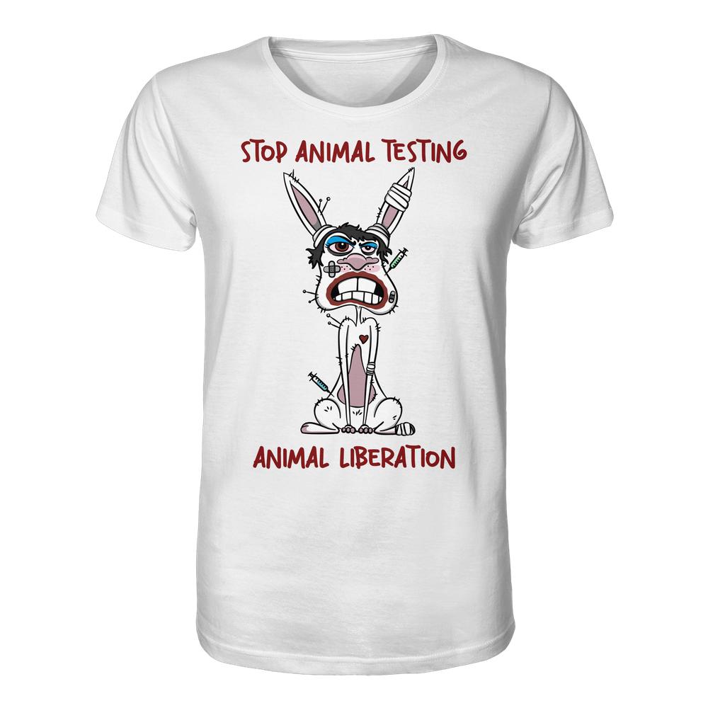 Vegan und Bio Unisex Shirt: White rabbit - STOP ANIMAL TESTING! zeigt wütendes Cartoon-Kaninchen mit Spritzen, fordert in roter Schrift zum Stopp von Tierversuchen auf.