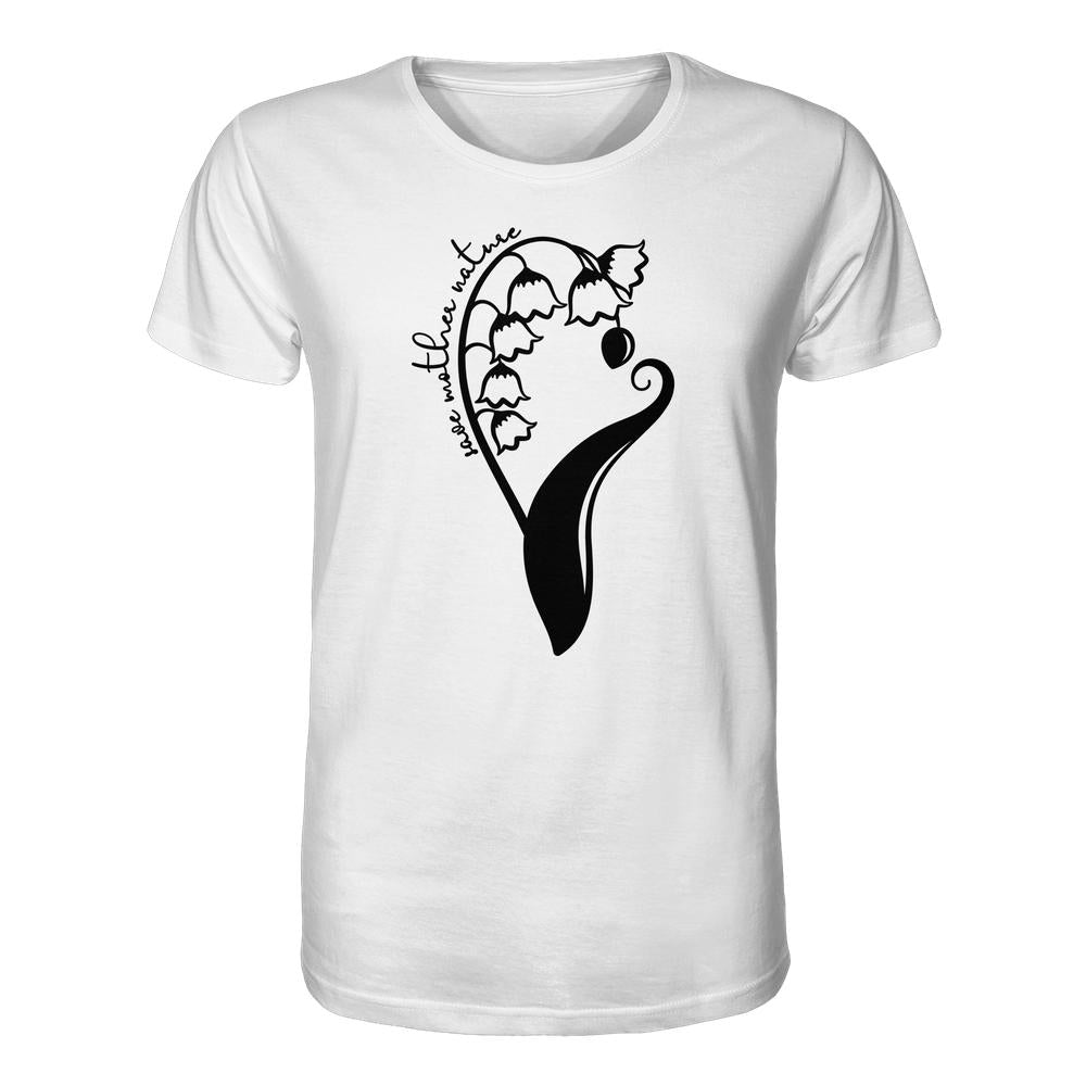 Vegan und Bio Unisex Shirt: Save Mother Nature with Flower Power zeigt stilisierte Blumen mit „love with nature“-Schriftzug auf bio-zertifiziertem, nachhaltigem Baumwollstoff.