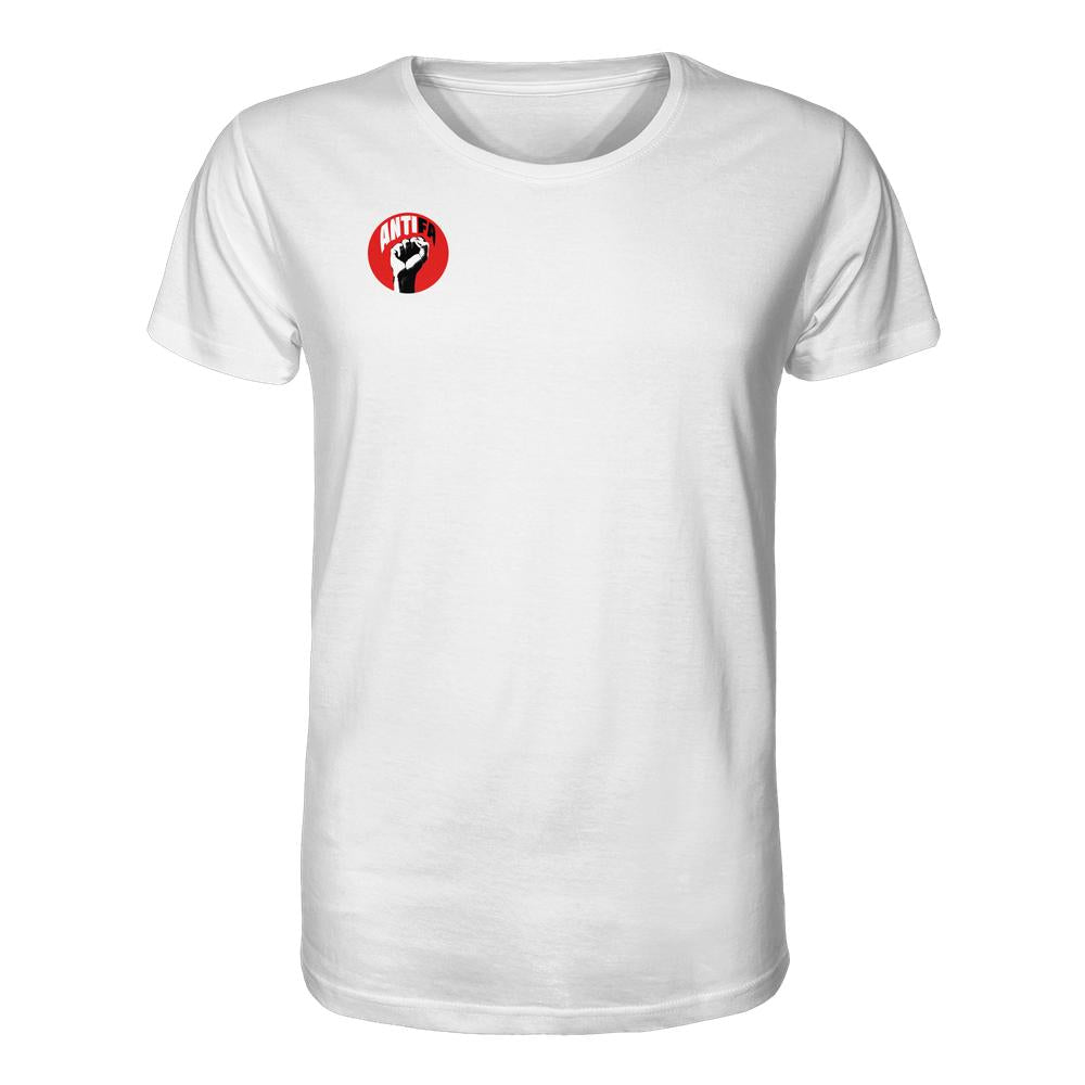 Vegan und Bio Unisex Shirt: Antifa - Gemeinsam gegen Rechts. Weißes T-Shirt mit rotem Antifa-Badge und schwarzer Faust, symbolisiert Widerstand gegen Faschismus.