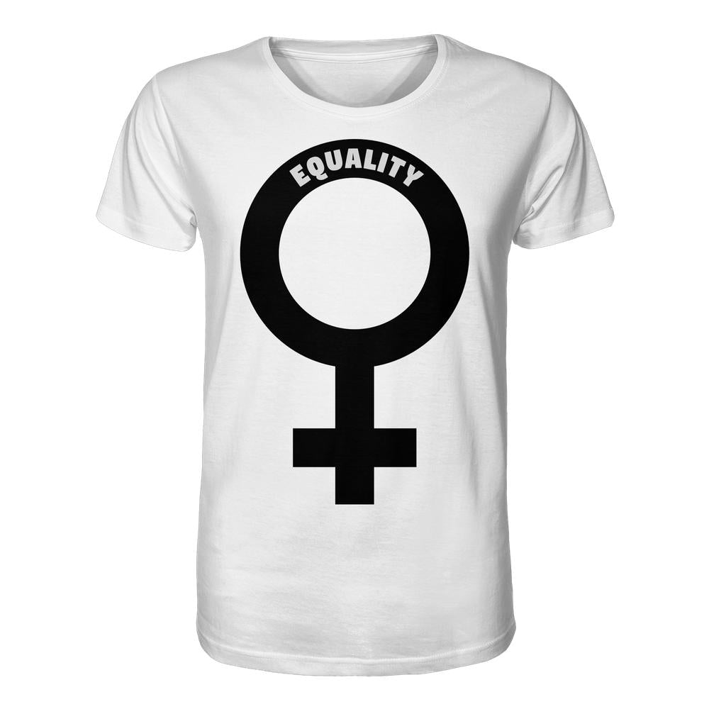 Unisex Bio-Shirt mit großem schwarzen Venussymbol und EQUALITY-Schriftzug, aus 100% Bio-Baumwolle, normaler Schnitt. Feministisches Design von RUDE REBEL.