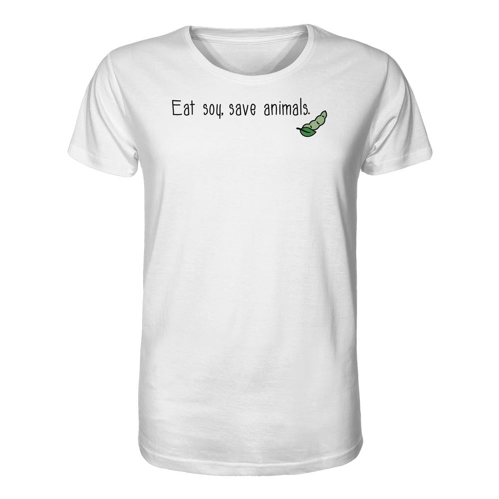 Vegan und Bio Unisex Shirt: Weißes T-Shirt mit Eat soy, save animals-Slogan und Sojabohnen-Icon, aus 100 % Bio-Baumwolle, normaler Schnitt.
