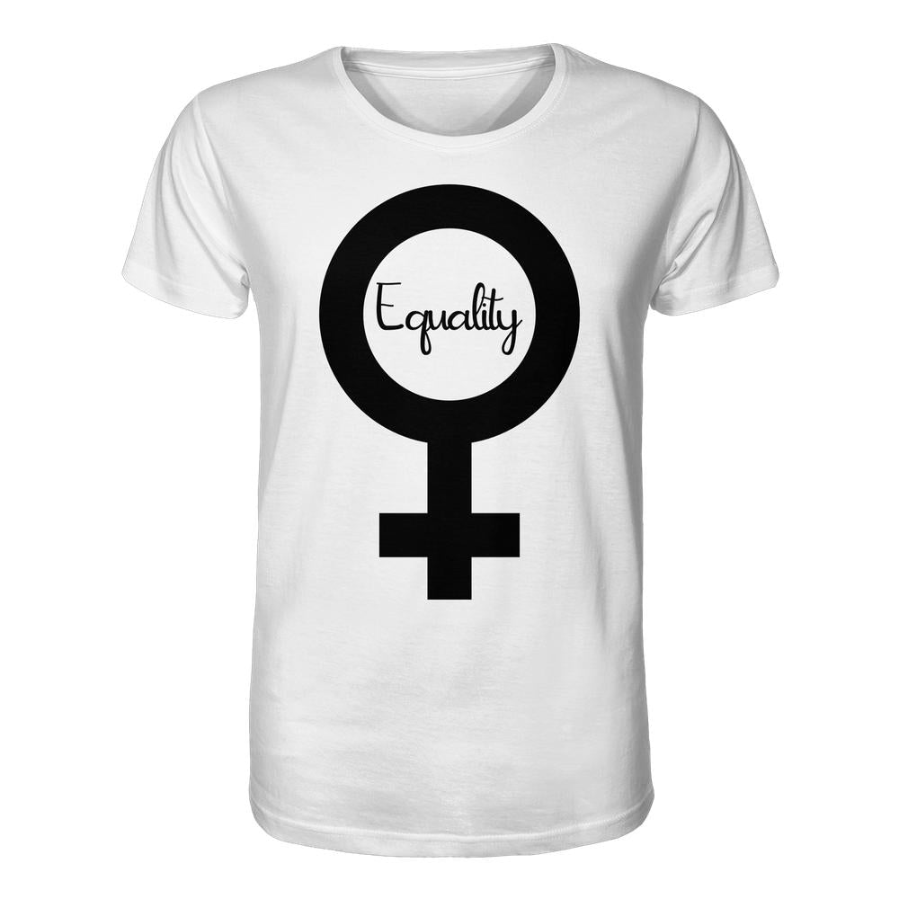 Vegan und Bio Unisex Shirt: Feminismus - Der Kampf um Gleichberechtigung, zeigt ein weißes T-Shirt mit großem schwarzen Venus-Symbol und Equality Schriftzug.
