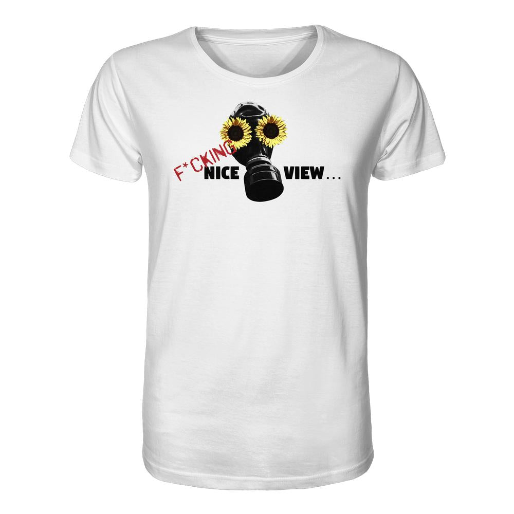 Vegan und Bio Unisex Shirt: Sunflower Mask - F*cking nice view... zeigt eine Gasmaske mit Sonnenblumen, Text in Rot und Schwarz. Nachhaltiges, rebellisches Design von RUDE REBEL.
