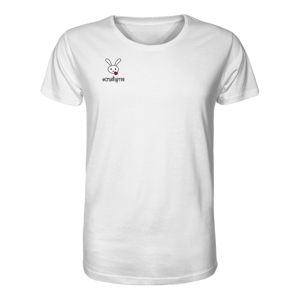 Weißes Unisex-Shirt aus Bio-Baumwolle mit kleinem Grafikdruck eines Hasen und #crueltyfree auf der Brust, symbolisiert veganes, tierschutzbewusstes Design von RUDE REBEL.