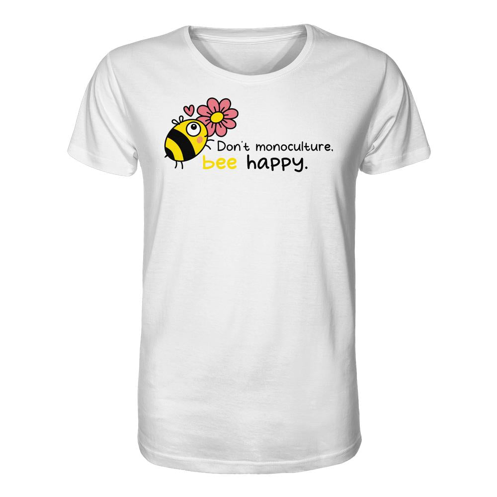 Vegan und Bio Unisex Shirt: Save the bees, mit Cartoon-Biene und Blume, Slogan „Don’t monoculture, bee happy“. 100 % Bio-Baumwolle, normale Passform, umweltfreundliches Design.