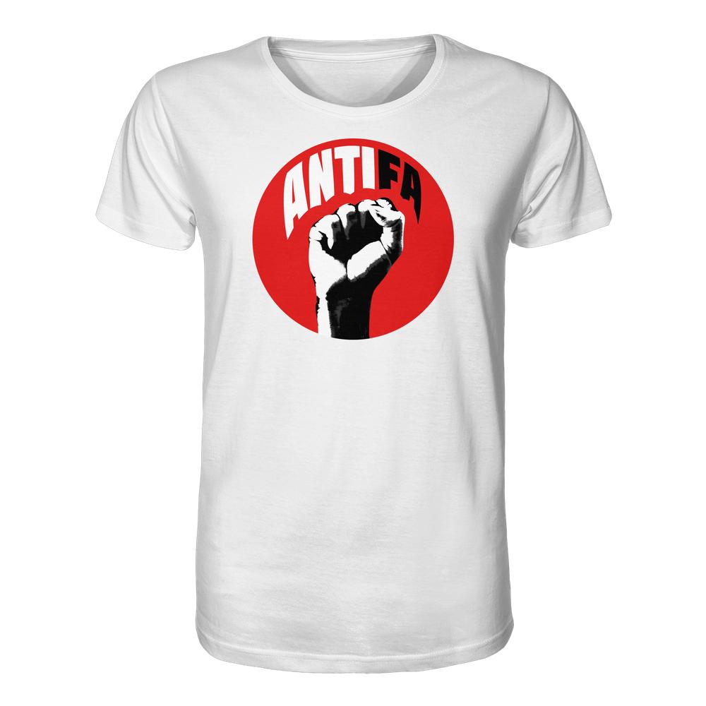 Weißes Unisex-Bio-T-Shirt mit rotem Kreis und schwarzem Antifa-Motiv. Illustration einer erhobenen Faust, symbolisiert Widerstand gegen Rechts. Material: 100 % Bio-Baumwolle.