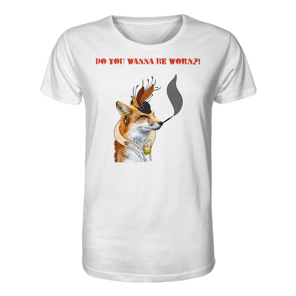 Vegan und Bio Unisex Shirt: Mrs. Fox demonstriert gegen Pelz! Weißes Shirt mit Fuchs-Grafik, Pfeife und Eiern, inspiriert von Tierrechtsbewegungen.