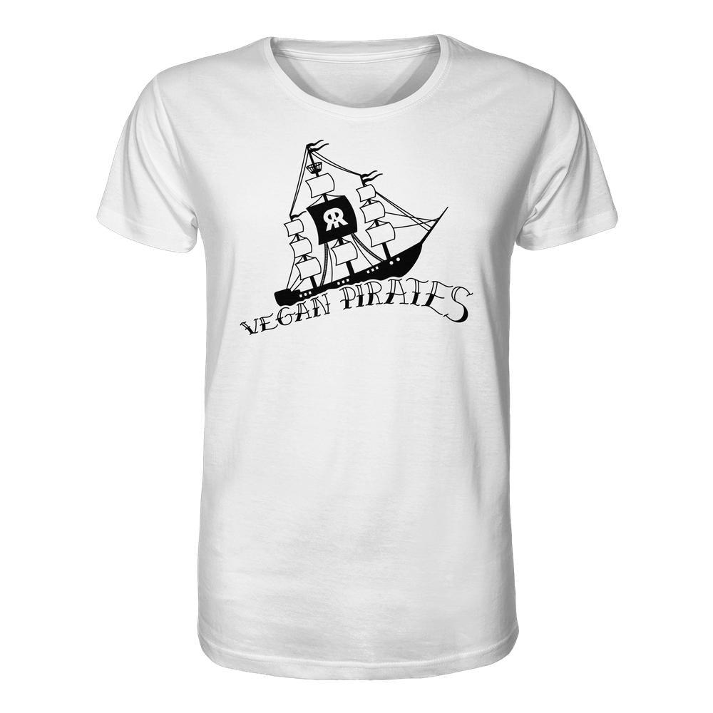 Weißes T-Shirt mit schwarzem Segelschiff-Silhouette und Text VEGAN PIRATES, repräsentiert vegane Überzeugungen. Hergestellt aus 100 % Bio-Baumwolle.
