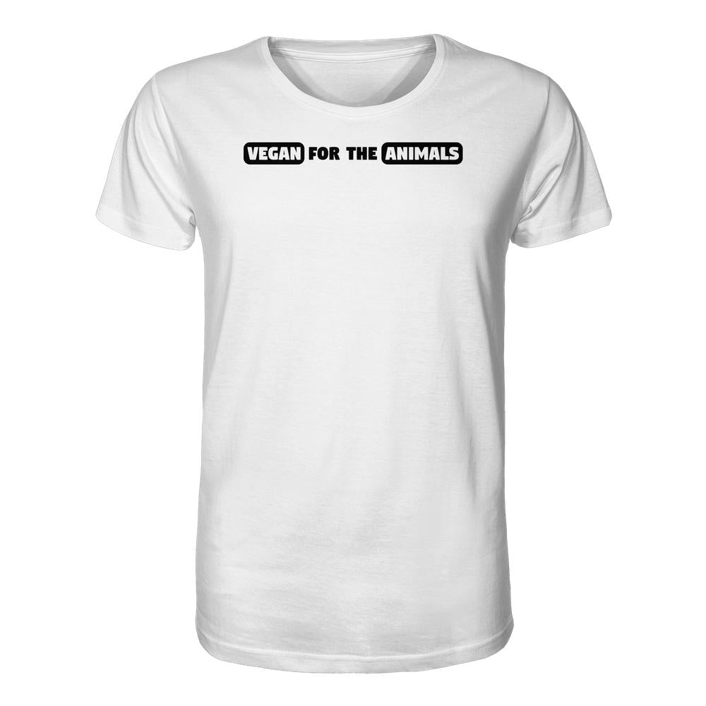 Vegan und Bio Unisex Shirt: VEGAN FOR THE ANIMALS mit schwarzem Slogan auf weißem T-Shirt aus 100 % Bio-Baumwolle, normaler Schnitt, von RUDE REBEL.