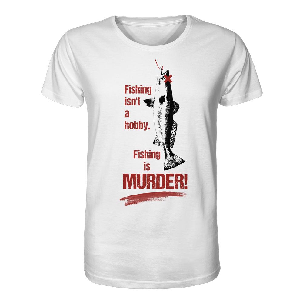 Vegan und Bio Unisex Shirt: Fishing is MURDER! Weißes T-Shirt mit schwarzem Fischmotiv und rotem Text, aus 100% Bio-Baumwolle, normale Passform, von RUDE REBEL.