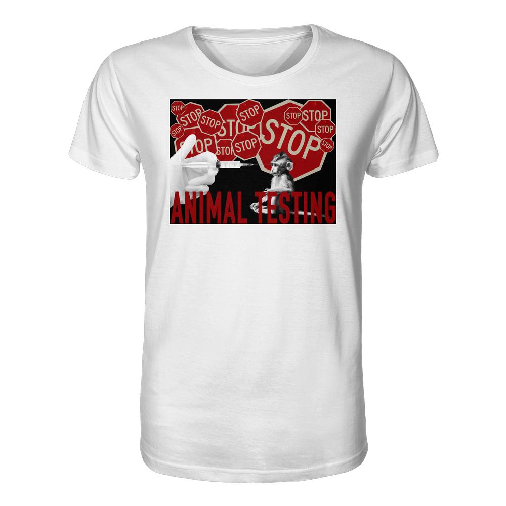 Weißes Bio-Baumwollshirt mit STOP ANIMAL TESTING!-Design: Spritze und Affe vor roten Stoppschildern, rebellisches Statement gegen Tierversuche, von RUDE REBEL.