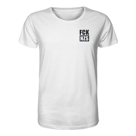 Unisex Bio-Shirt FCK NZS aus 100% Bio-Baumwolle, normale Passform, mit schwarzem Brustprint, rebellisch für nachhaltige Mode von RUDE REBEL.