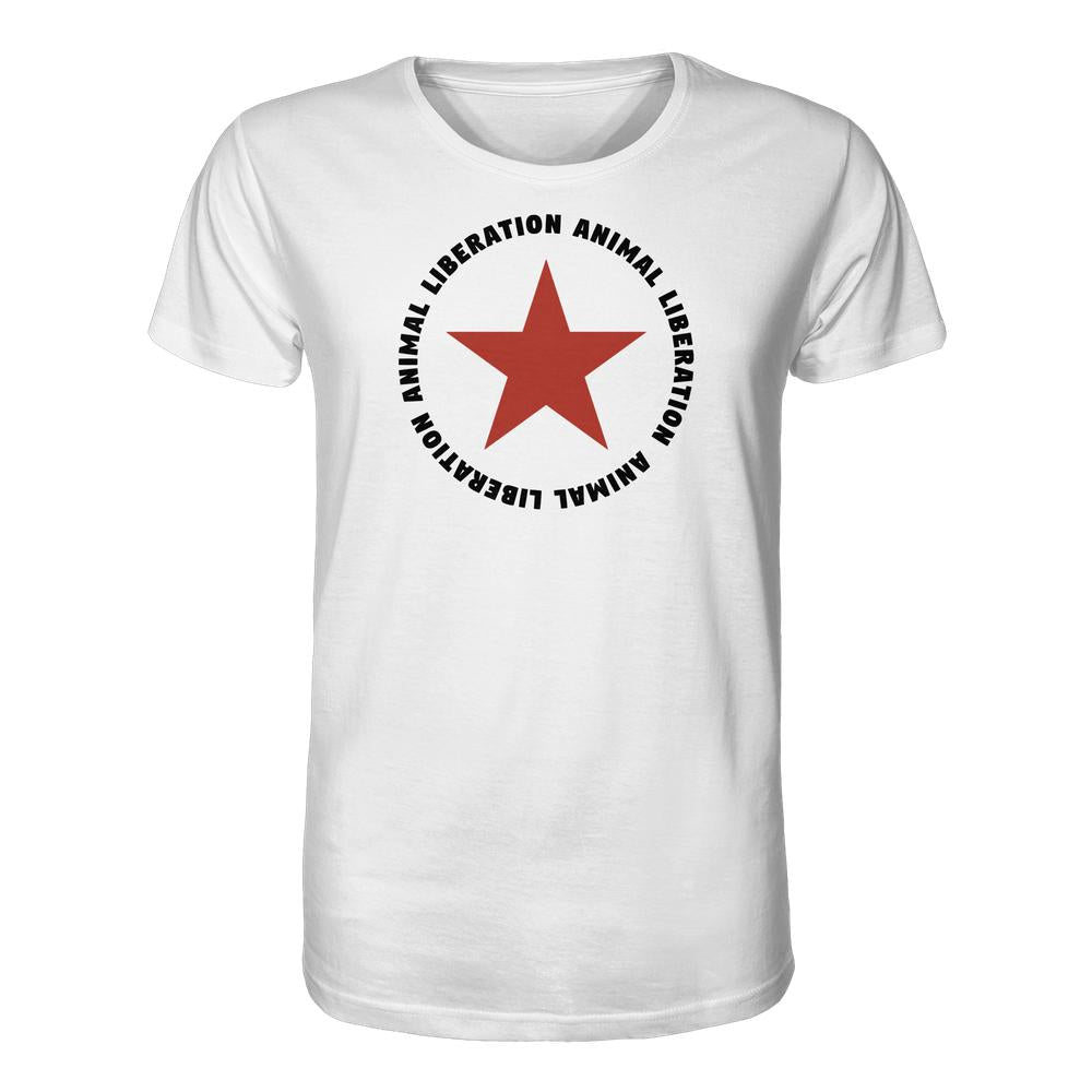 Vegan und Bio Unisex Shirt: Red Star and Animal Liberation, weißes T-Shirt mit rotem Stern und ANIMAL LIBERATION in schwarz, 100% Bio-Baumwolle, normale Passform.