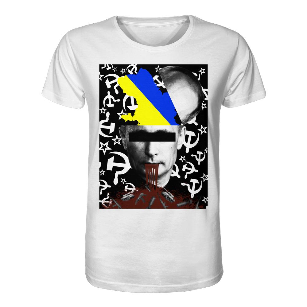 Vegan und Bio Unisex Shirt: STOP WAR IN UKRAINE! zeigt Putins Porträt mit grafischen Symbolen, blutroter Tropfen und ukrainischer Silhouette auf weißem Hintergrund.