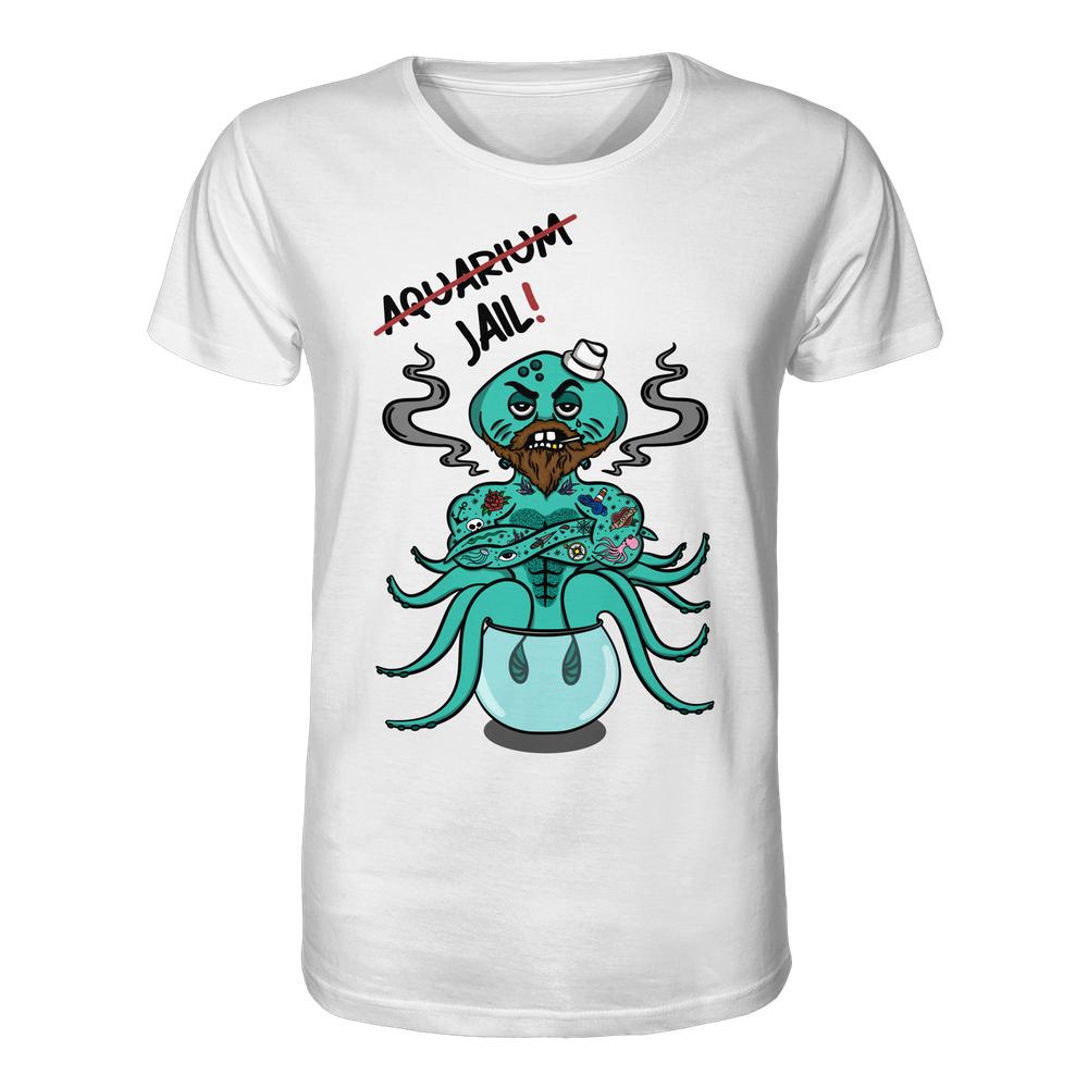 Weißes T-Shirt mit Cartoon eines bärtigen Oktopus im Fischglas, trägt Matrosenhut, tätowiert, raucht. Text: AQUARIUM durchgestrichen, ersetzt durch JAIL!. Vegan und Bio Unisex Shirt.