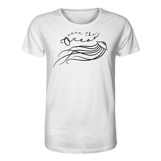 Vegan und Bio Unisex Shirt: Jellyfish - Save the Ocean, weißes T-Shirt mit stilisierter Qualle und dem Slogan Save the Ocean für Meeres- und Naturschutz.