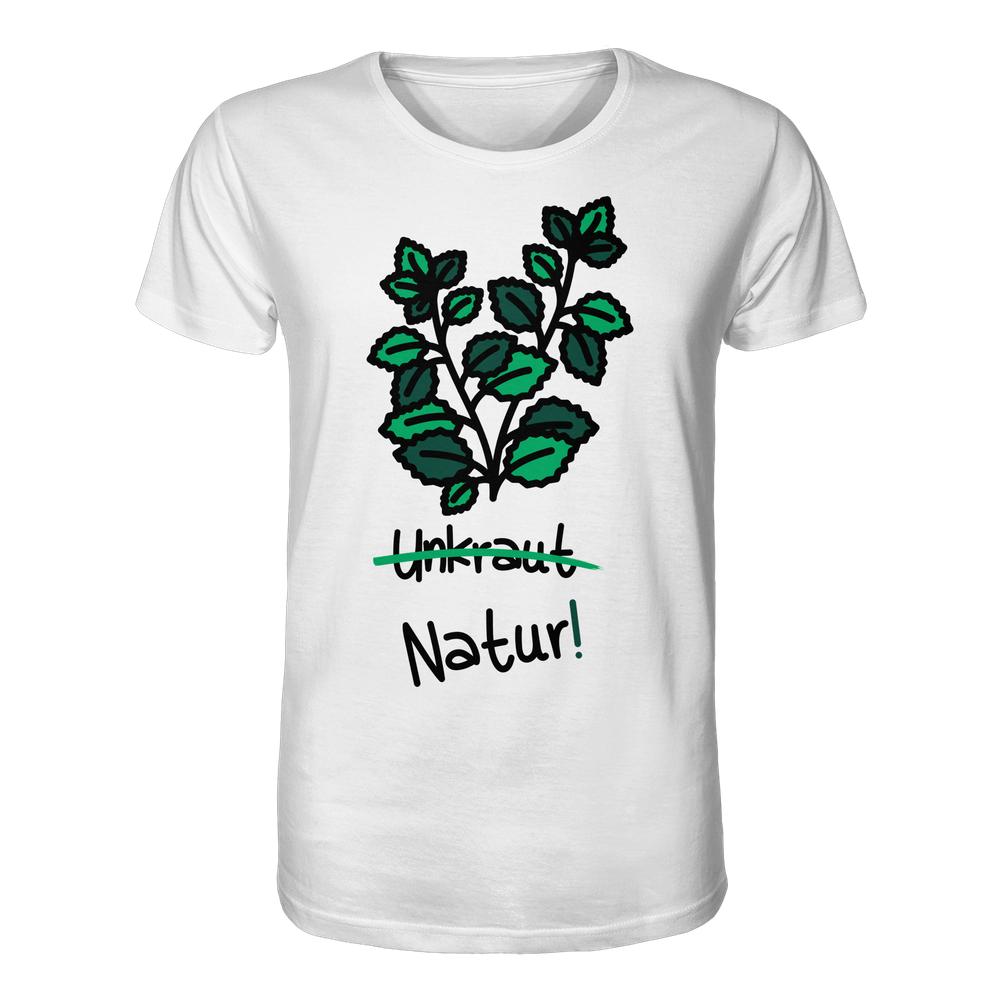 Weißes Bio-T-Shirt mit grünem Pflanzenmotiv und durchgestrichenem Unkraut, darunter Natur!. Design von RUDE REBEL, thematisiert Naturschutz und nachhaltige Mode.