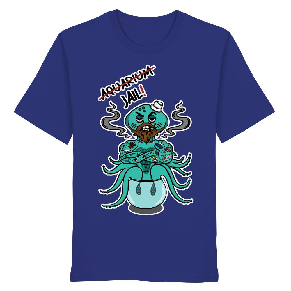 Vegan und Bio Unisex Shirt: Animal Rights - Aquarium=Jail! zeigt einen bärtigen, tätowierten Oktopus im Fischglas. Humorvolles Design für Tierrechtsaktivisten.
