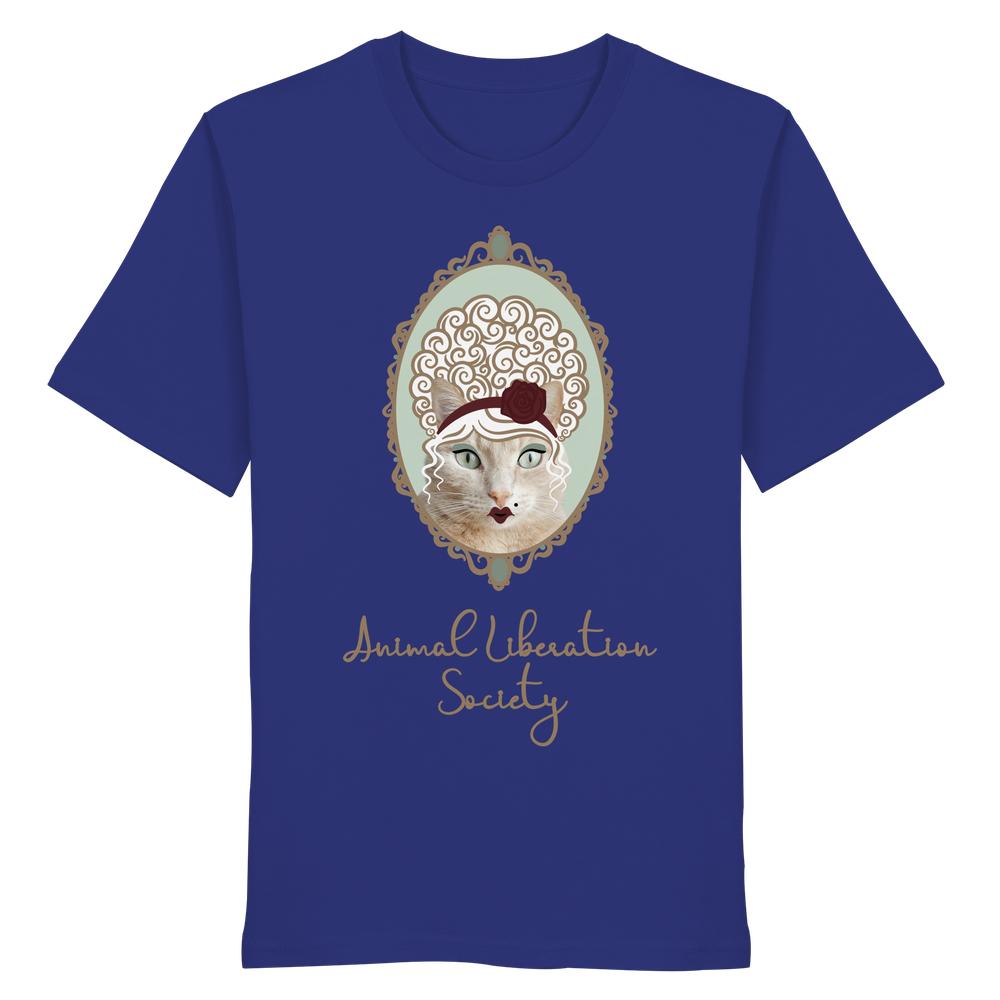 Vegan und Bio Unisex Shirt: Miss Cat - Animal Liberation Society, zeigt eine stilisierte Katzendame im Rokoko-Stil in goldener Rahmenoptik, aus 100% Bio-Baumwolle.