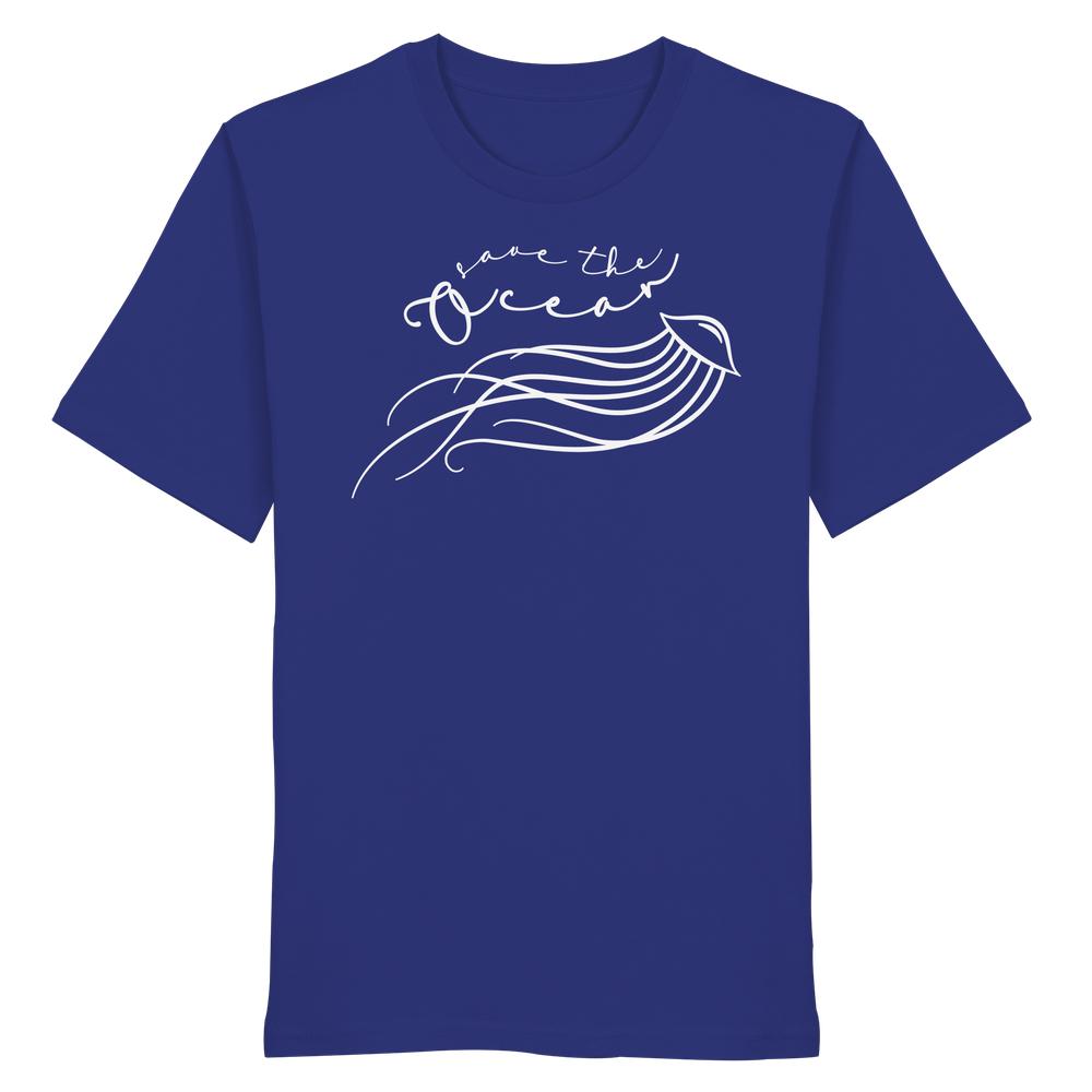 Vegan und Bio Unisex Shirt: Jellyfish - Save the Ocean, zeigt eine weiße Qualle mit Schriftzug „save the Ocean“ auf blauem Hintergrund, aus Bio-Baumwolle.