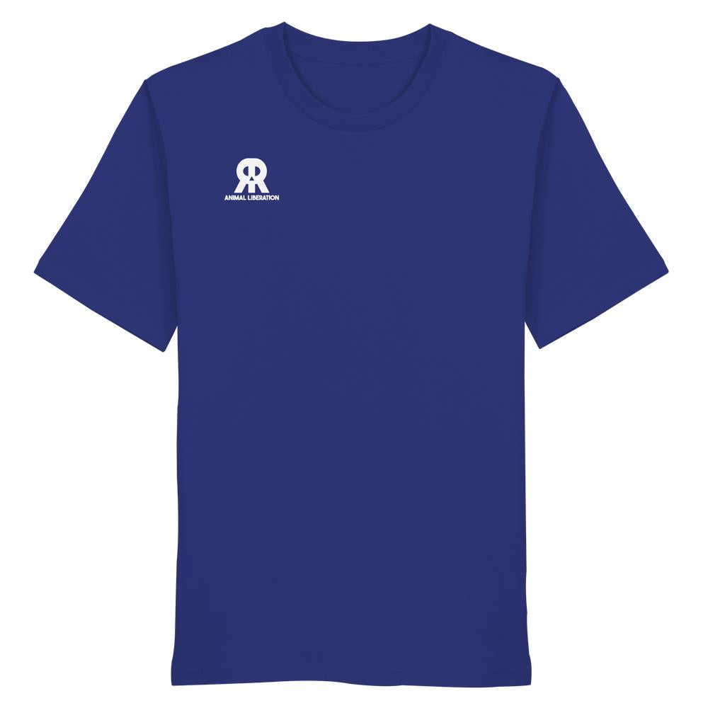 Vegan und Bio Unisex Shirt: RUDE REBEL Skull - Animal Liberation, royalblaues T-Shirt mit A/L Monogramm und ANIMAL LIBERATION Grafik, rebellisch und nachhaltig.