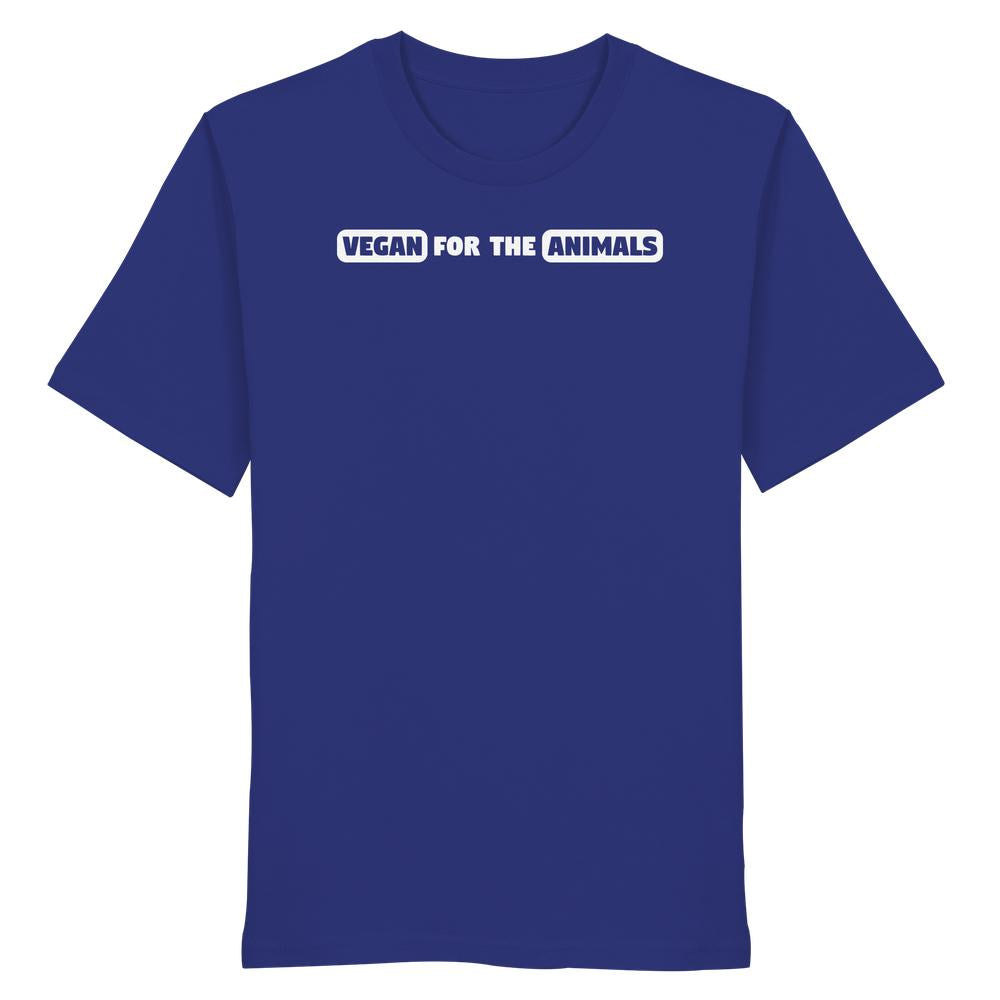Unisex Bio-Shirt mit Slogan VEGAN FOR THE ANIMALS in weißer Schrift. Hergestellt aus 100% Bio-Baumwolle, normaler Schnitt, von RUDE REBEL.