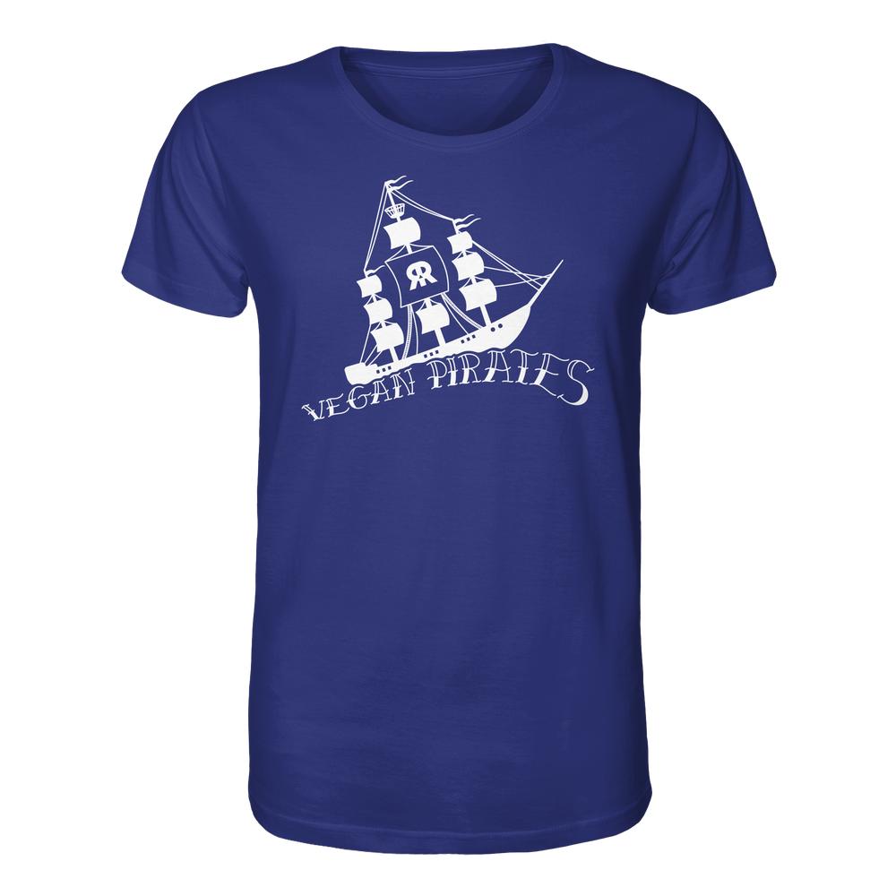 Blaues Unisex-Shirt Vegan Pirates aus Bio-Baumwolle mit Piratenschiff und Totenkopf, symbolisiert vegane Überzeugungen. Nachhaltiges Design von RUDE REBEL.