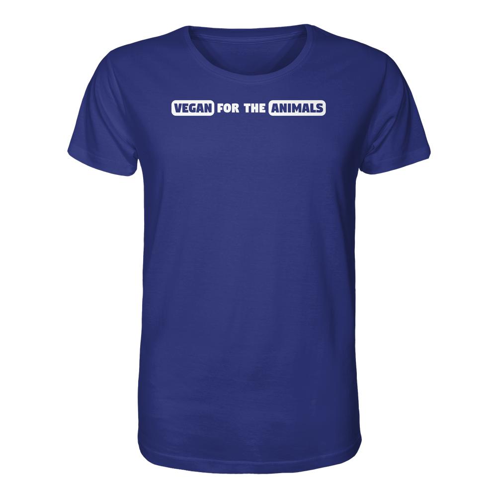 Unisex T-Shirt aus Bio-Baumwolle mit dem Aufdruck VEGAN FOR THE ANIMALS in Weiß, repräsentiert vegane und nachhaltige Mode von RUDE REBEL.